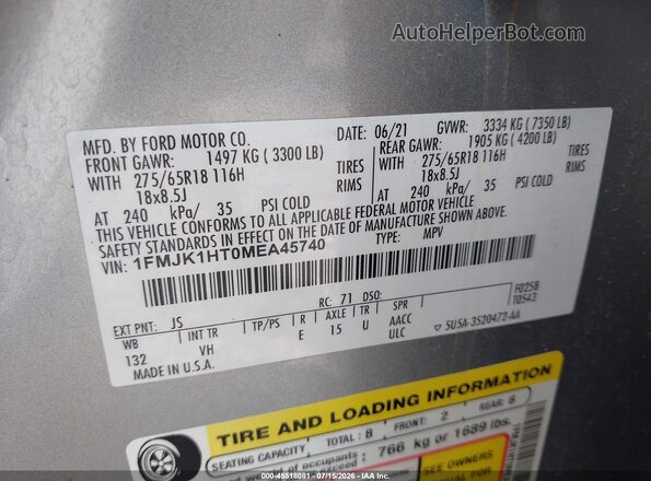 1FMJK1HT0MEA45740 2021 FORD EXPEDITION Gray Вид підкапотного простору
