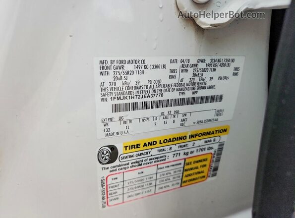 1FMJK1HT2JEA37778 2018 FORD EXPEDITION White VIN sticker view