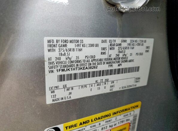 1FMJK1HT3KEA38262 2019 FORD EXPEDITION Silver Вид наклейки з VIN-кодом