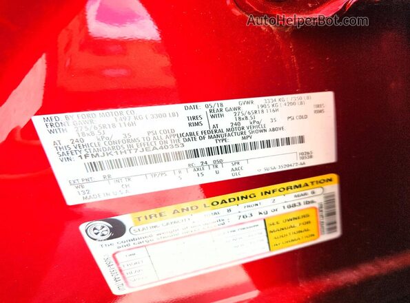 1FMJK1HT7JEA40353 2018 FORD EXPEDITION Red VIN sticker view