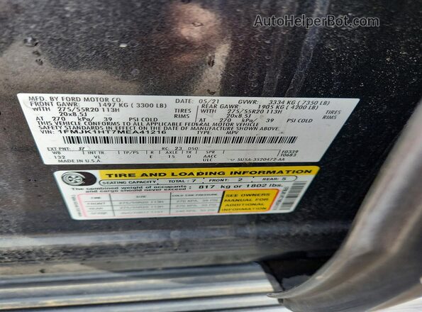 1FMJK1HT7MEA41216 2021 FORD EXPEDITION Gray Vista de la etiqueta del VIN