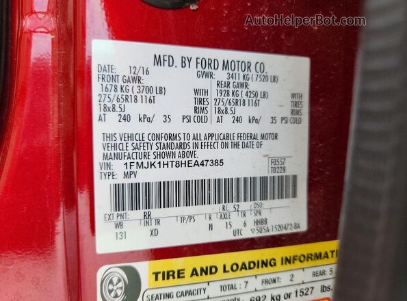 1FMJK1HT8HEA47385 2017 FORD EXPEDITION Red VIN კოდის სტიკერის ხედი