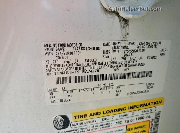 1FMJK1HT9LEA74278 2020 FORD EXPEDITION White VIN კოდის სტიკერის ხედი