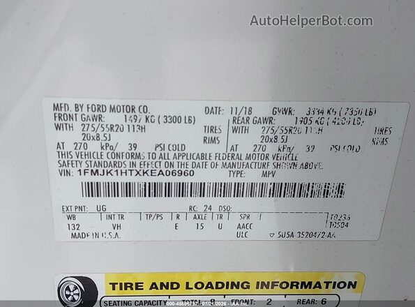 1FMJK1HTXKEA06960 2019 FORD EXPEDITION MAX White Engine compartment view