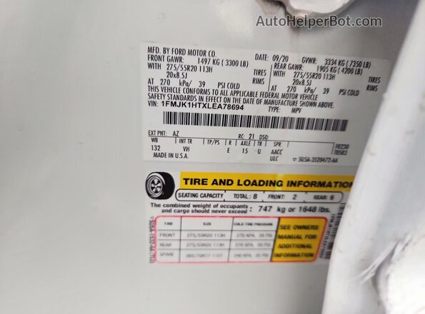 1FMJK1HTXLEA78694 2020 FORD EXPEDITION White Вид наклейки з VIN-кодом