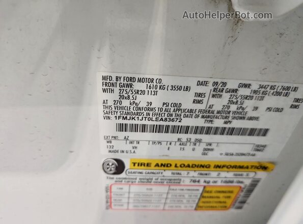 1FMJK1JT0LEA83672 2020 FORD EXPEDITION Белый Вид наклейки с VIN-кодом