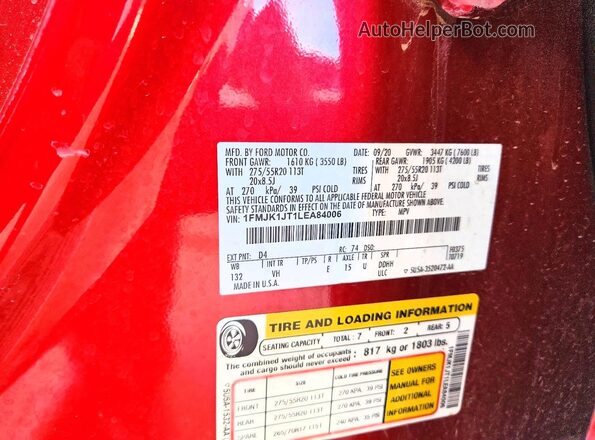 1FMJK1JT1LEA84006 2020 FORD EXPEDITION Red VIN կոդի պիտակի տեսք