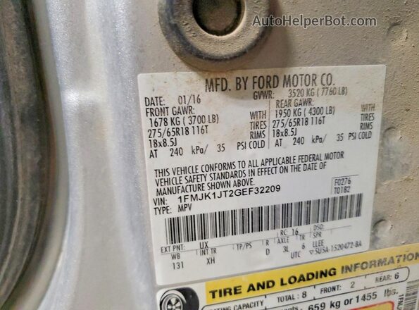 1FMJK1JT2GEF32209 2016 FORD EXPEDITION Silver 360 interior view