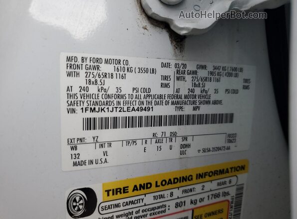1FMJK1JT2LEA49491 2020 FORD EXPEDITION White Widok wnętrza 360 stopni