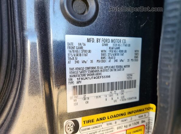 1FMJK1JT4GEF53398 2016 FORD EXPEDITION Gray VIN sticker view
