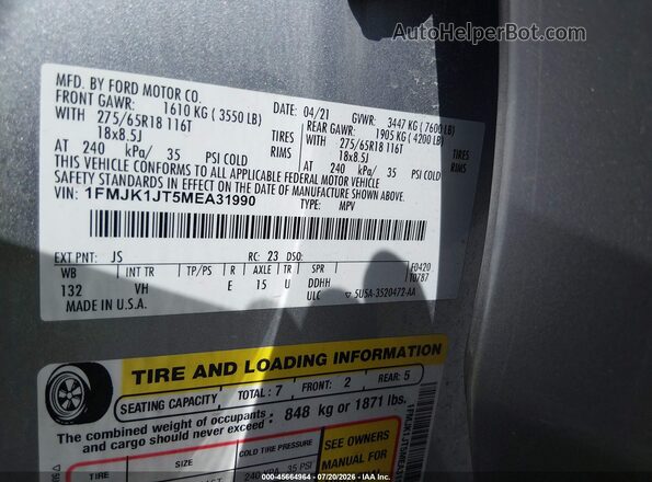 1FMJK1JT5MEA31990 2021 FORD EXPEDITION Серебряный Вид подкапотного пространства