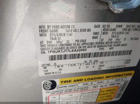 1FMJK1JT7LEA22092 2020 FORD EXPEDITION Silver ძრავის განყოფილების ხედი