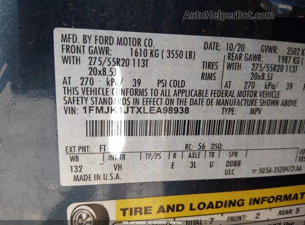1FMJK1JTXLEA98938 2020 FORD EXPEDITION Blue Engine compartment view