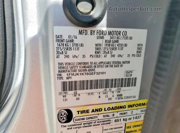 1FMJK1KT6GEF32101 2016 FORD EXPEDITION Silver Widok naklejki z numerem VIN