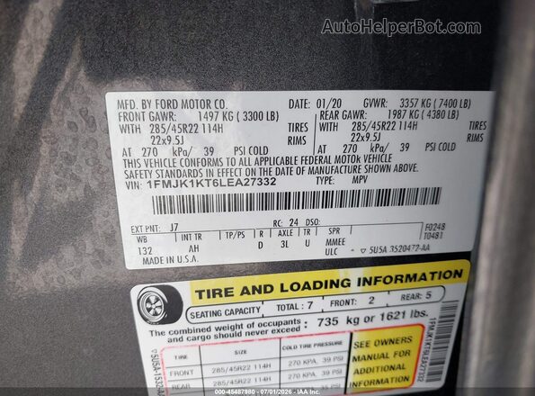 1FMJK1KT6LEA27332 2020 FORD EXPEDITION Gray ძრავის განყოფილების ხედი