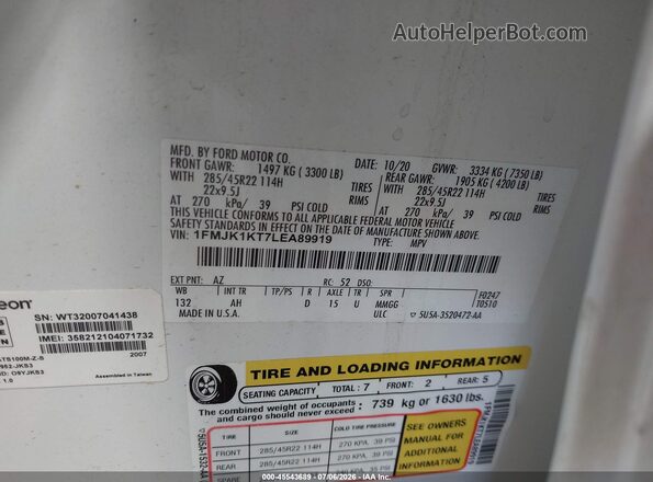 1FMJK1KT7LEA89919 2020 FORD EXPEDITION White Vista del compartimento del motor