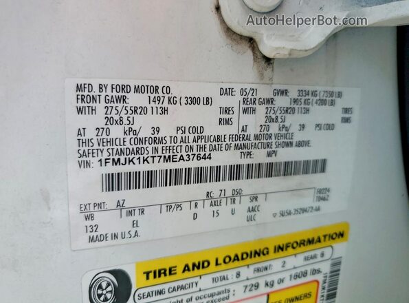 1FMJK1KT7MEA37644 2021 FORD EXPEDITION White Панорамний вид салону 360°