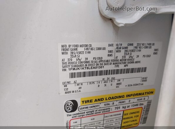 1FMJK1KT8LEA01301 2020 FORD EXPEDITION White Widok komory silnika