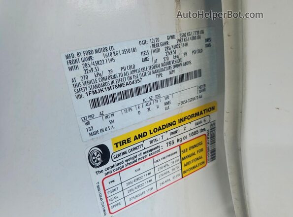 1FMJK1MT8MEA04357 2021 FORD EXPEDITION White Панорамний вид салону 360°