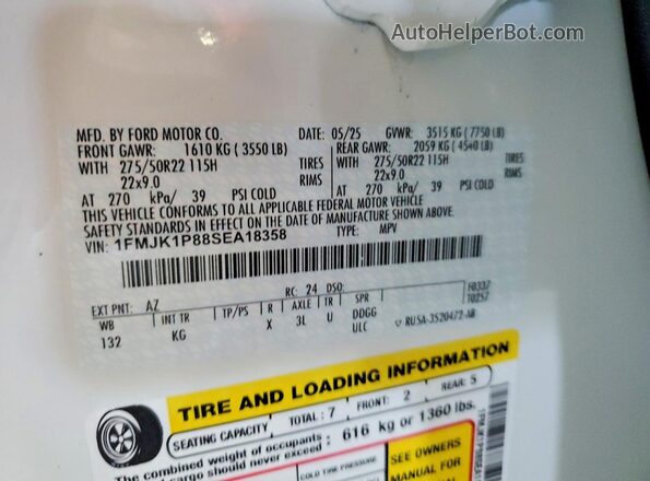 1FMJK1P88SEA18358 2025 FORD EXPEDITION Белый Вид наклейки с VIN-кодом
