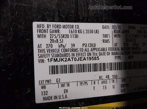 1FMJK2AT0JEA19585 2018 FORD EXPEDITION MAX Black Շարժիչի բաժամունքի տեսք