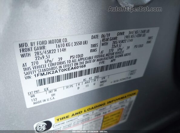 1FMJK2AT0KEA60168 2019 FORD EXPEDITION MAX Silver Շարժիչի բաժամունքի տեսք