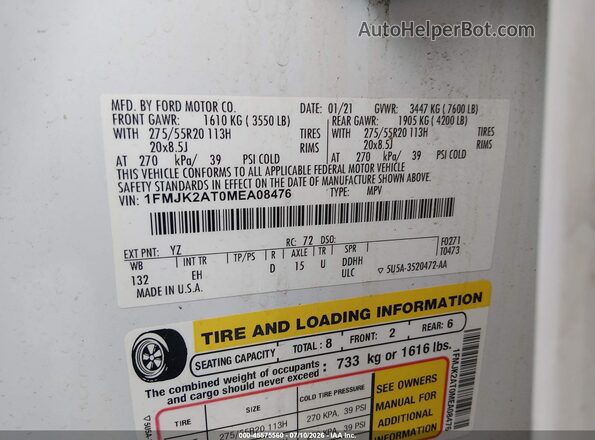 1FMJK2AT0MEA08476 2021 FORD EXPEDITION White ძრავის განყოფილების ხედი