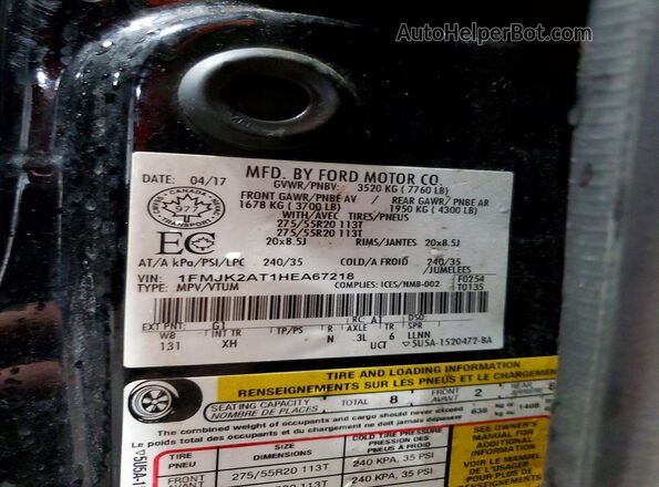 1FMJK2AT1HEA67218 2017 FORD EXPEDITION Black VIN sticker view
