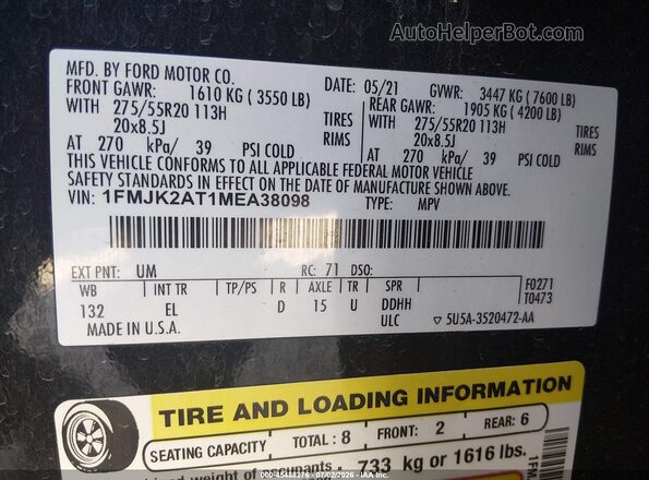 1FMJK2AT1MEA38098 2021 FORD EXPEDITION Black Вид підкапотного простору