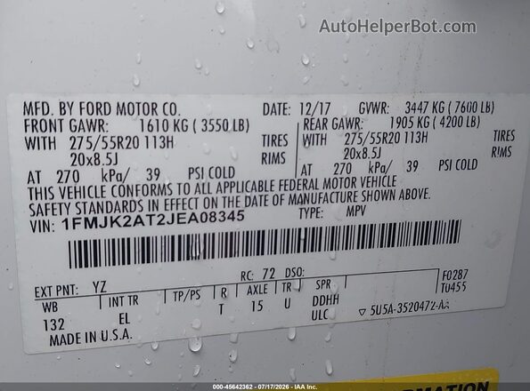 1FMJK2AT2JEA08345 2018 FORD EXPEDITION MAX White Вид підкапотного простору