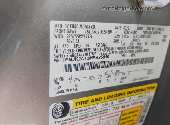 1FMJK2AT2MEA25019 2021 FORD EXPEDITION Silver Vista de la etiqueta del VIN