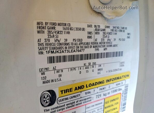 1FMJK2AT3LEA76477 2020 FORD EXPEDITION White VIN კოდის სტიკერის ხედი