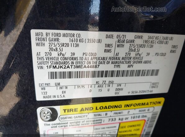 1FMJK2AT3MEA44887 2021 FORD EXPEDITION Black Engine compartment view