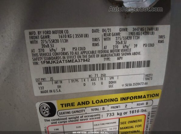 1FMJK2AT5MEA37942 2021 FORD EXPEDITION Silver Vista del compartimento del motor