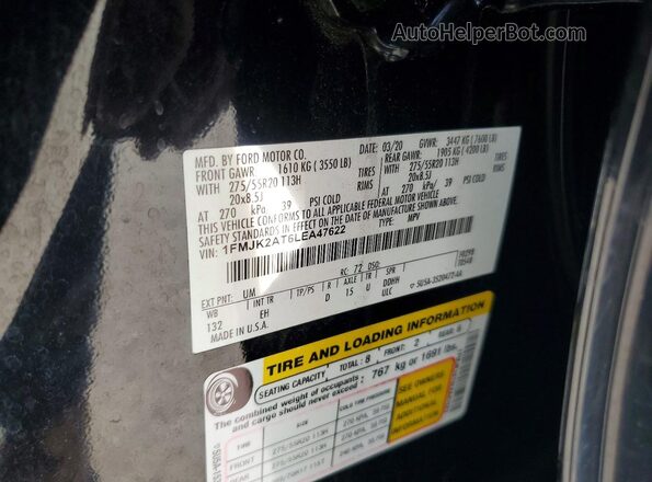 1FMJK2AT6LEA47622 2020 FORD EXPEDITION Black Вид наклейки з VIN-кодом