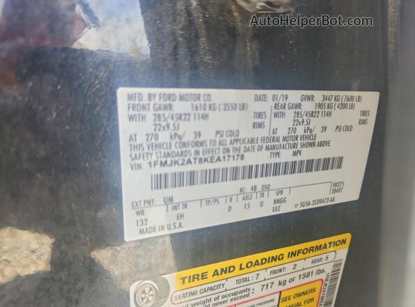 1FMJK2AT8KEA17178 2019 FORD EXPEDITION Black Vista de la etiqueta del VIN