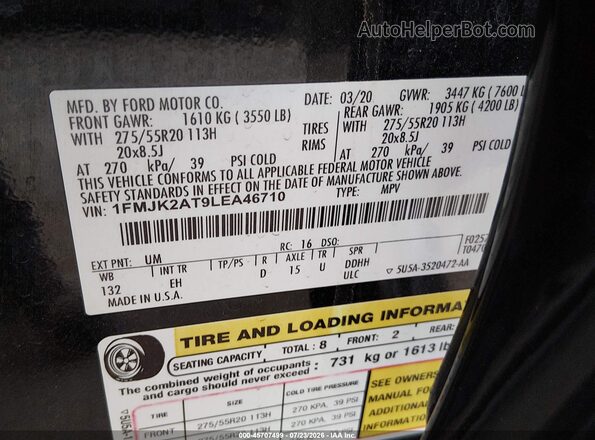 1FMJK2AT9LEA46710 2020 FORD EXPEDITION Black ძრავის განყოფილების ხედი