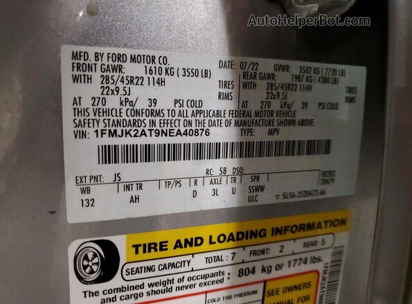 1FMJK2AT9NEA40876 2022 FORD EXPEDITION Silver Widok naklejki z numerem VIN