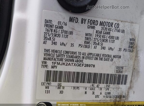 1FMJK2ATXGEF28978 2016 FORD EXPEDITION EL Белый Вид подкапотного пространства
