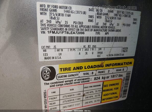 1FMJU1FT8LEA72096 2020 FORD EXPEDITION Silver Vista del compartimento del motor