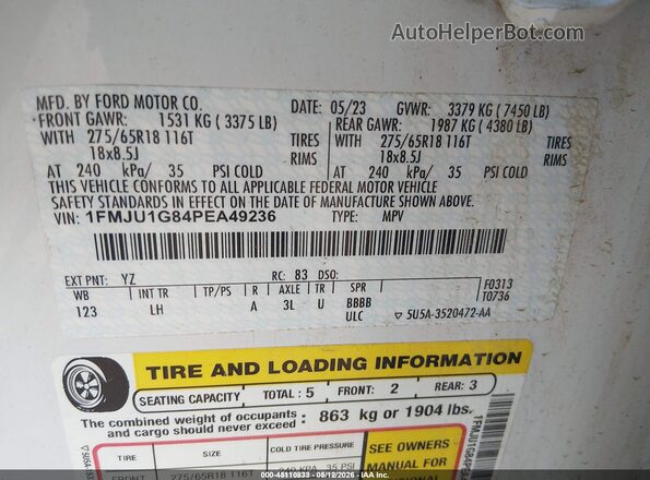 1FMJU1G84PEA49236 2023 FORD EXPEDITION White Widok komory silnika