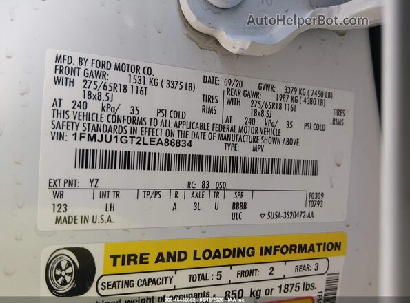 1FMJU1GT2LEA86834 2020 FORD EXPEDITION White Widok komory silnika