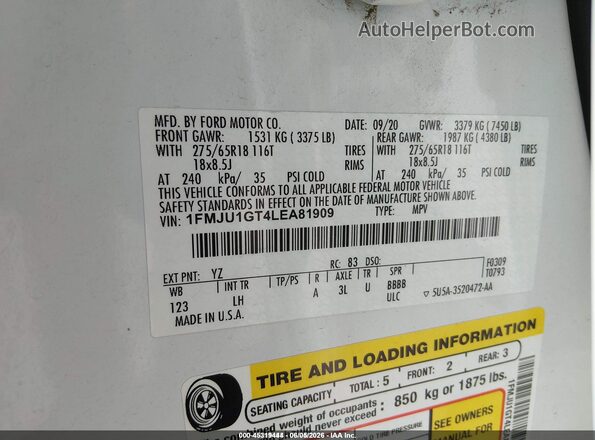 1FMJU1GT4LEA81909 2020 FORD EXPEDITION White Vista del compartimento del motor