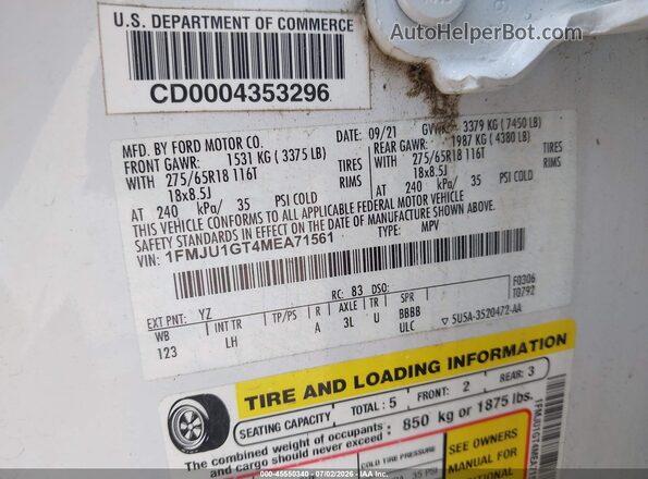 1FMJU1GT4MEA71561 2021 FORD EXPEDITION White Вид підкапотного простору