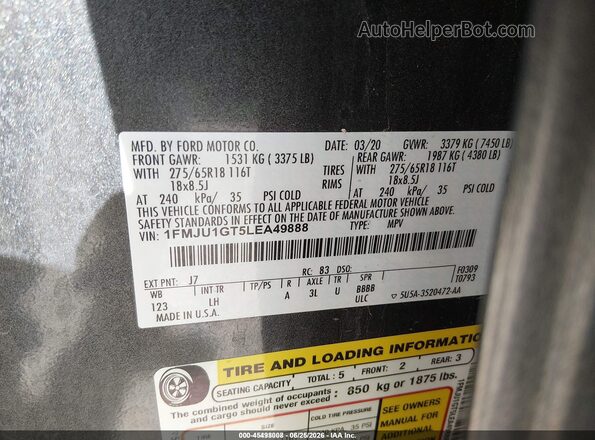 1FMJU1GT5LEA49888 2020 FORD EXPEDITION Gray Vista del compartimento del motor