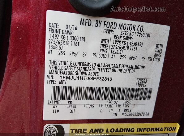 1FMJU1HT0GEF32810 2016 FORD EXPEDITION Red Vista del compartimento del motor