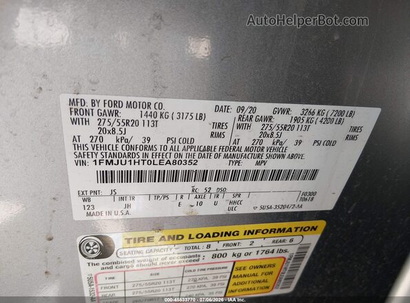 1FMJU1HT0LEA80352 2020 FORD EXPEDITION Silver Engine compartment view