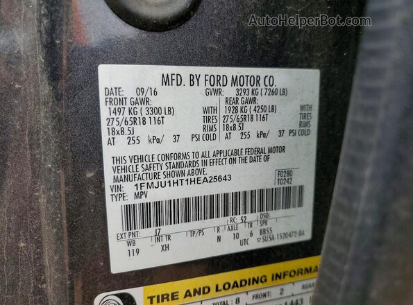 1FMJU1HT1HEA25643 2017 FORD EXPEDITION Gray Vista interior de 360 grados