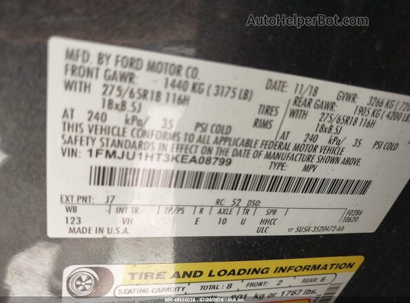 1FMJU1HT3KEA08799 2019 FORD EXPEDITION Gray Շարժիչի բաժամունքի տեսք