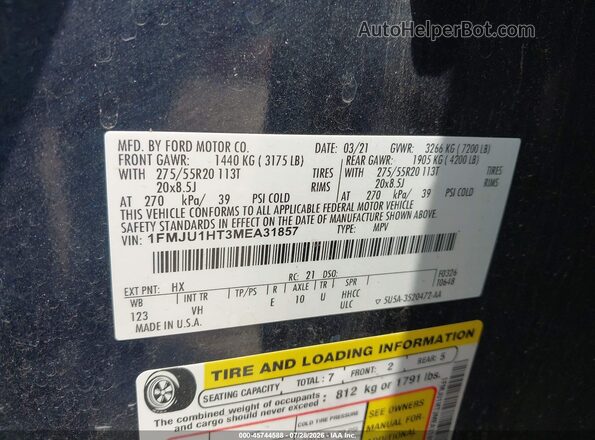 1FMJU1HT3MEA31857 2021 FORD EXPEDITION Dark Blue Вид підкапотного простору